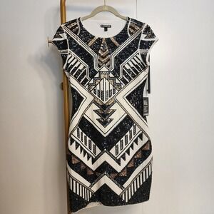 S Metallic Sequined Art Deco Geometric Express Mini Dress, Size Small